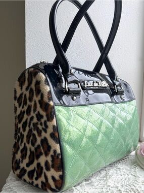 Y2K Rockabilly Lux de Ville Mint Glitter Leopard Bowler Bag